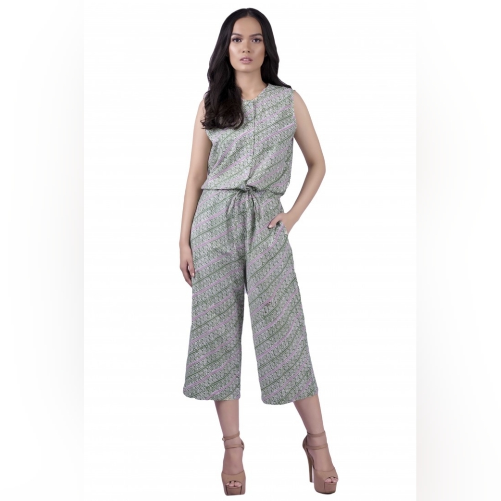 Batik Melati cinch waist sleeveless button jumpsuit olive green - Picture 2 of 16